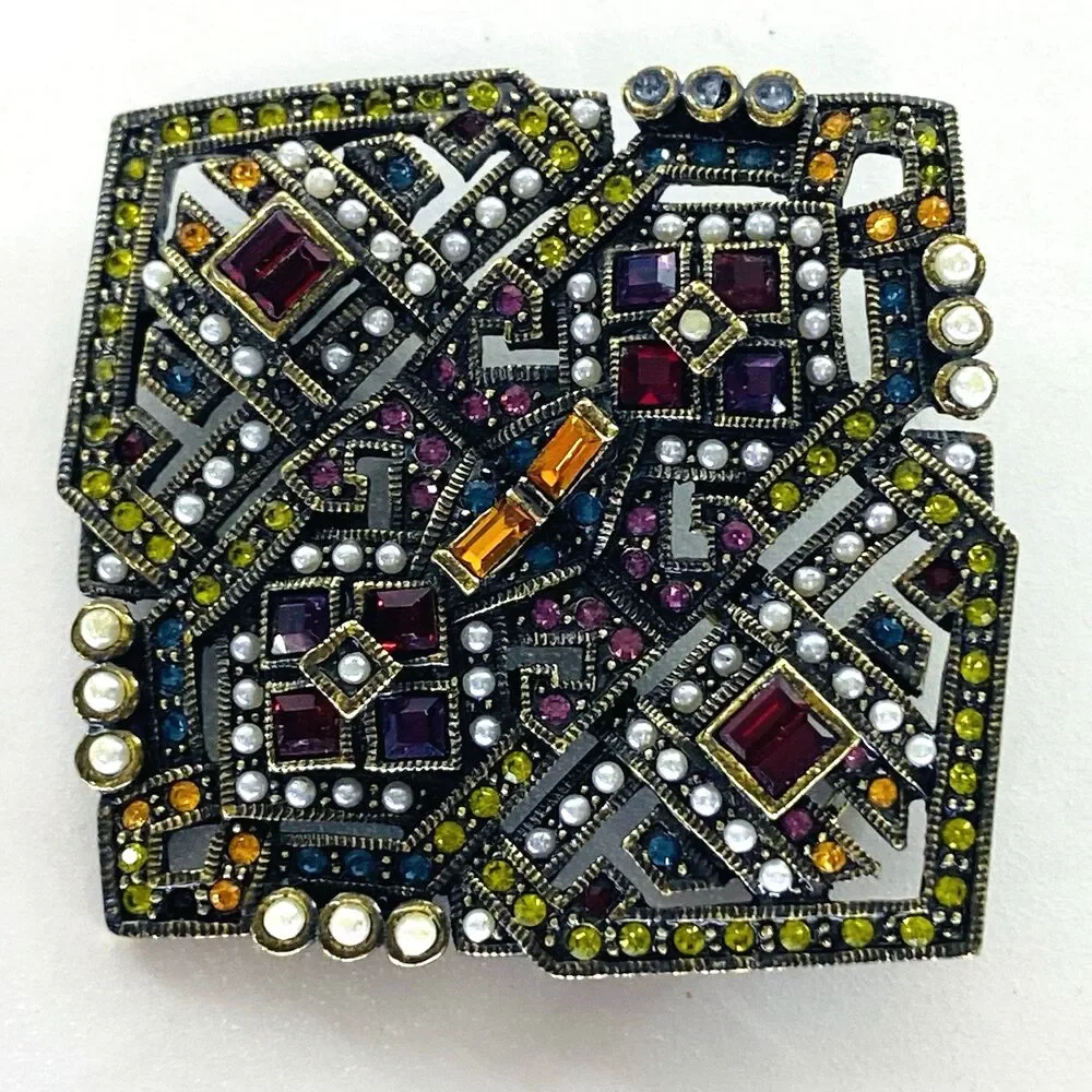 Heidi Daus Art Deco Style Colorful Rhinestone Faux Pearl Brooch Pendant Pin - Picture 3 of 12